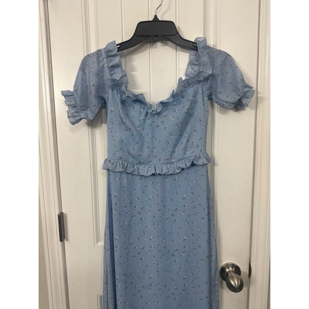 Nasty Gal Collection Blue Ditsy Floral Ruffle Maxi Dress Short Sleeve Size 0